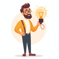 The guy who came up with the idea holds a light bulb on a white background, vector in minimalism