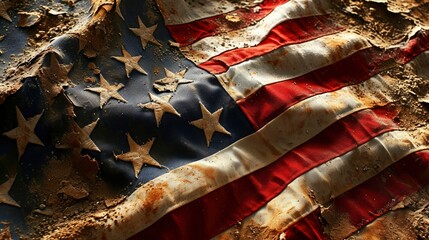 Dirty flag of the United States of America, symbolic image for destroyed and broken United States of America - obrazy, fototapety, plakaty