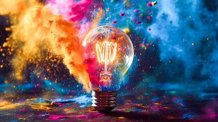 Glowing light bulb in vibrant hues on dark background. Originality, creativity and brainstorming. New ideas and solutions that stand out and inspire.