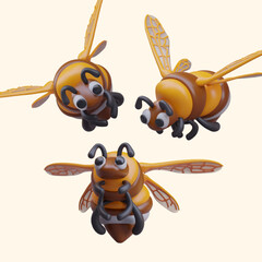 Collection with hornet flying in different positions on warm background. Concept of insects. Collection of angry hornet wasp mascot. Vector illustration in 3d style
