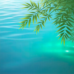 Fototapeta na wymiar Green bamboo leaves against peaceful water surface, beautiful spa scene with Asian spirit and copy space,