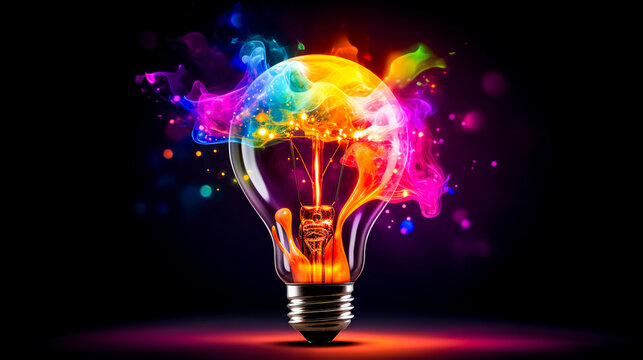 Glowing light bulb in vibrant hues on dark background. Originality, creativity and brainstorming. New ideas and solutions that stand out and inspire.
