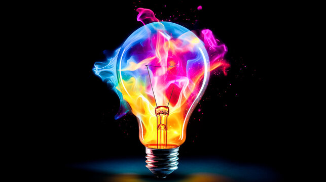 Glowing light bulb in vibrant hues on dark background. Originality, creativity and brainstorming. New ideas and solutions that stand out and inspire.