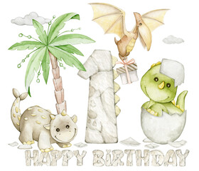 Cute dinosaurs, happy birthday text, number one. Watercolor cartoon-style clipart on an isolated background.
