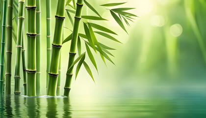 Green bamboo leaves against peaceful water surface, beautiful spa scene with Asian spirit and copy...