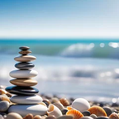 Tuinposter sea pebbles and shells against the backdrop of the sunny sea and beach, beautiful spa scene with Asian spirit and copy space for relaxation, © Perecciv