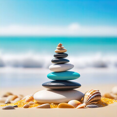 Fototapeta na wymiar sea pebbles and shells against the backdrop of the sunny sea and beach, beautiful spa scene with Asian spirit and copy space for relaxation,