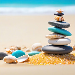sea pebbles and shells against the backdrop of the sunny sea and beach, beautiful spa scene with Asian spirit and copy space for relaxation,