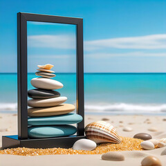 sea pebbles and shells against the backdrop of the sunny sea and beach, beautiful spa scene with Asian spirit and copy space for relaxation,