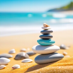 Fototapeta na wymiar sea pebbles and shells against the backdrop of the sunny sea and beach, beautiful spa scene with Asian spirit and copy space for relaxation,