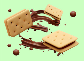 Creative sandwich cookie advertising. Chocolate streams and splashes. Realistic vector illustration on green background. Fresh pastries with cream filling