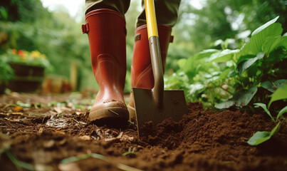 Spade Shovel and Boots Digging Gardening Concept