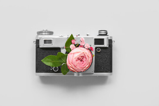 Composition with vintage photo camera and beautiful flowers on light background