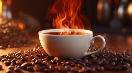 Roasted coffee beans close up.Cup of freshly brewed.Generative AI