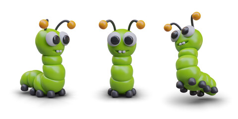 Realistic green centipede in different positions. Caterpillar centipede cartoon character. Vector realistic design illustration in 3d style with white background and shadow