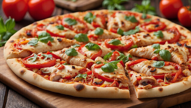 chicken pizza with tomato and bell pepper