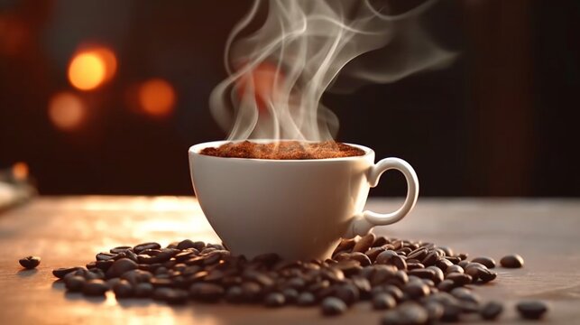 Roasted coffee beans close up.Cup of freshly brewed.Generative AI