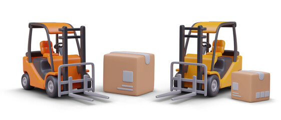 Composition with cartoon warehouse cars in orange and yellow colors parked near big cartoon boxes. Concept of loading, transportation, and delivery of parcels. Vector illustration in 3d style