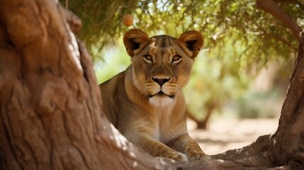 Safari adventure Majestic lioness resting under the.Generative AI