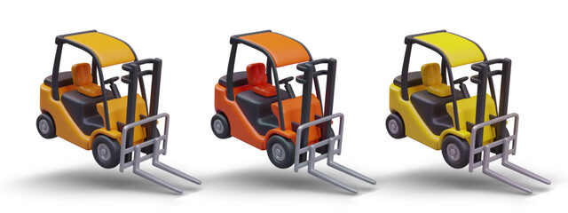 Fototapeta premium Set of realistic forklifts of different colors. Lift track is in inclined position. Overloaded forklift, template for supplementing with large load. Warehouse sale mockup. Detailed image