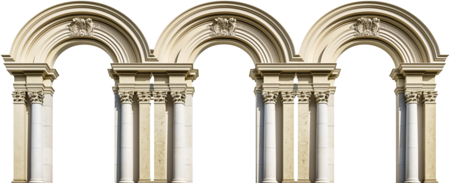 Ancient arches, columns, windows and apertures, Elements of architecture of buildings isolated on a white transparent background, png
