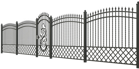 Decorative forded fence with poles and a gate. Wrought iron fence. 3D render, PNG.