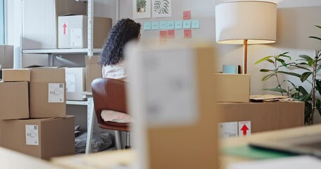 Woman, planning or ecommerce by laptop in office, logistics company or supply chain for courier service. Professional person, writing or drink coffee for packaging, shipping or package distribution