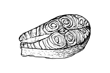 Fish trout steak sketch isolated on white background. Drawing of freshwater fish Salmonidae steak. Dish for fish restaurant, menu design.