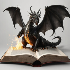 Majestic dragon perched atop a stack of books in a gothic library detailed fantasy illustration by...