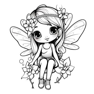 Coloring page with cute garden fairy. Outline illustration. Black and white illustration for a coloring book.