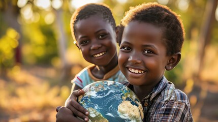 International day of peace concept. African Children holding earth globe. Group of African children holding planet earth planet earth over defocused nature background with copy space.