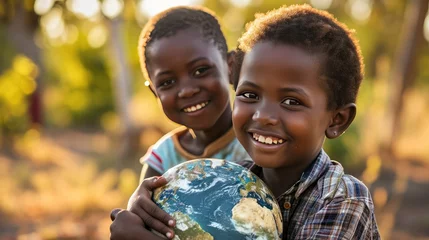 Fotobehang International day of peace concept. African Children holding earth globe. Group of African children holding planet earth planet earth over defocused nature background with copy space. © MdImam