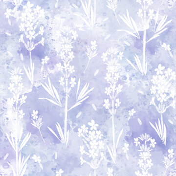 Lavender.  Seamless vector pattern with flower silhouettes on lilac watercolor background.  Perfect for design templates, wallpaper, wrapping, fabric, print and textile.