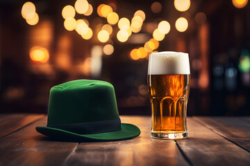 Glass of beer with foam, green leprechaun hat on wooden pub table, Patricks Day