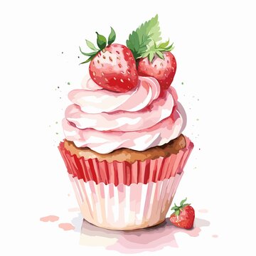 watercolor strawberry cupcake	