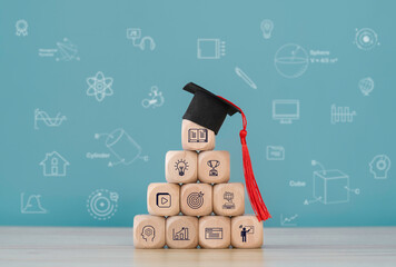 Education learning concept.Wooden cube with icons of education, Ai, qualification, cv, resume, skills and experience. - obrazy, fototapety, plakaty