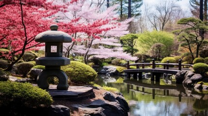 Spring Japanese garden with cherry blossoms and koi pond - Powered by Adobe