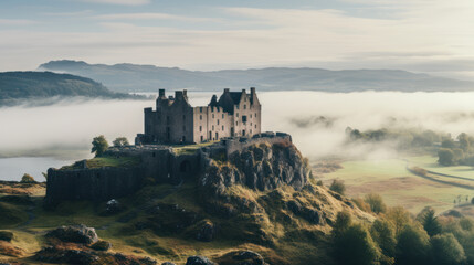 Fototapeta na wymiar Medieval castle overlooking misty valley at dawn