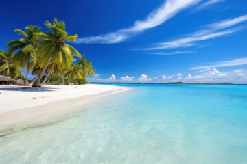 Pristine tropical beach with palm trees and clear blue water