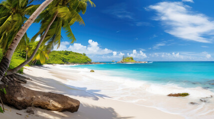 Fototapeta na wymiar Tropical paradise beach with palm trees and azure water