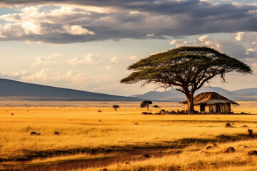 Sunset over African savannah with hut and acacia tree