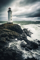 White lighthouse with red top amidst stormy weather