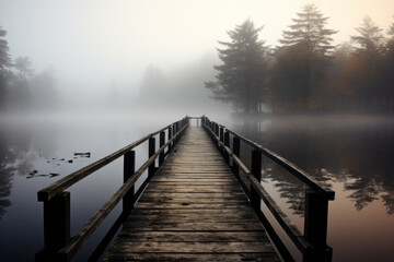 Misty wooden pier leading into calm lake at dawn