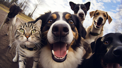 Group of pets taking selfie