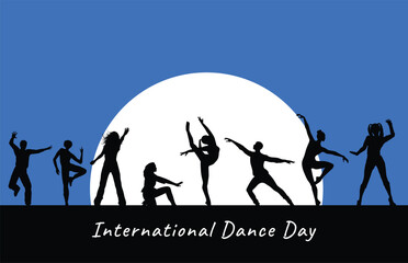 Fototapeta na wymiar International Dance Day Vector Illustration with tango dancing couple on purple background. Design template for banner