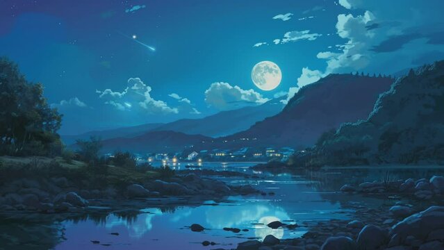 A nighttime nature scene with a full moon and shooting stars in the sky. Seamless looping time-lapse virtual video animation background 