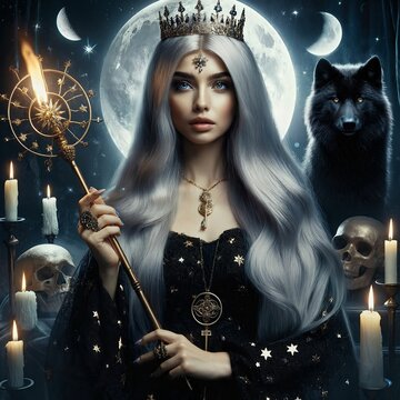 Hecate goddess of magic, the moon, animals, necromancy. Titan and goddess of Olympus with a black wolf. Hekate. Ancient Greek mythology. Demonic cult. Forbidden beliefs. Torch. Key. Generative AI.