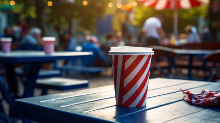Cute cafe on a terrace in the city, outdoors with a glass of coffee or tea in the shape of an American flag.