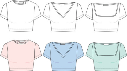 Set of Crop Top technical fashion illustration. Tee Shirt fashion flat technical drawing template, round neck, square neck, v-neck, slim fit. - obrazy, fototapety, plakaty