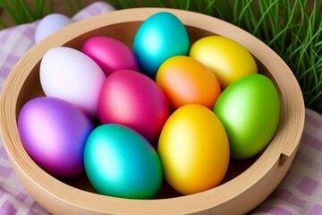 Fototapeta na wymiar Colorful easter eggs in a basket on green grass background.